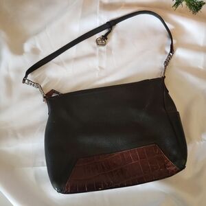 Brighton Black Pebbled Leather Croc Embossed Shoulder Bag Black Brown Silver